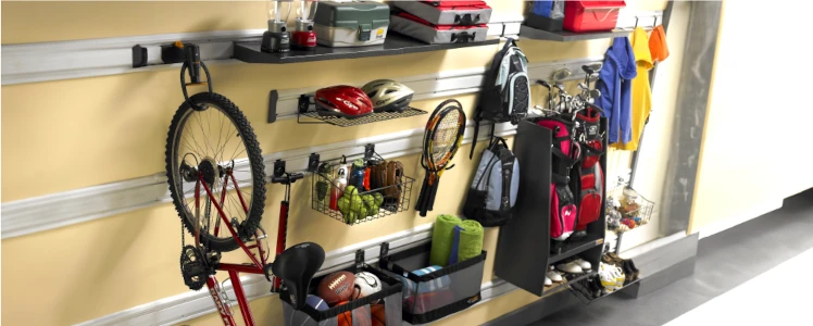 Neatly packed sports equipment on shelves