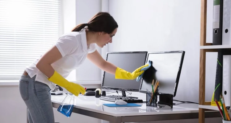 A remote worker cleaning up their desk